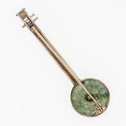 Antique 14k Yellow Gold 16.3mm Round Circle Marbled Green Jade Banjo Pin Brooch