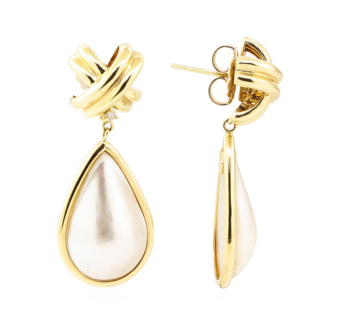 0.08 ctw Diamond and Mother of Pearl Dangle Earrings - 14KT Yellow Gold