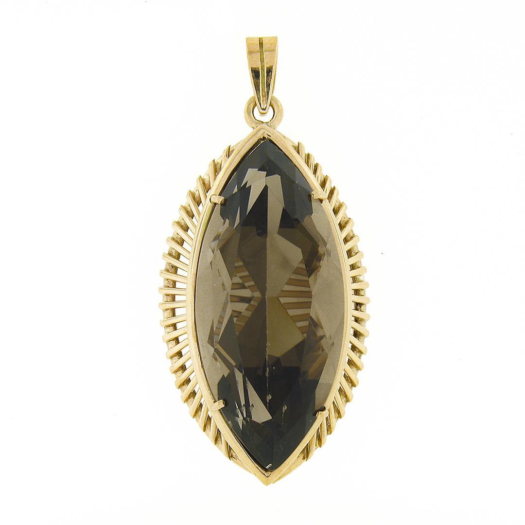 Vintage Retro 14K Gold Large Marquise Smoky Quartz Handmade Open Wire Pendant