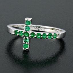 NEW 14k White Gold 0.25 ctw Round Green Emerald Curved Sideways Cross Band Ring