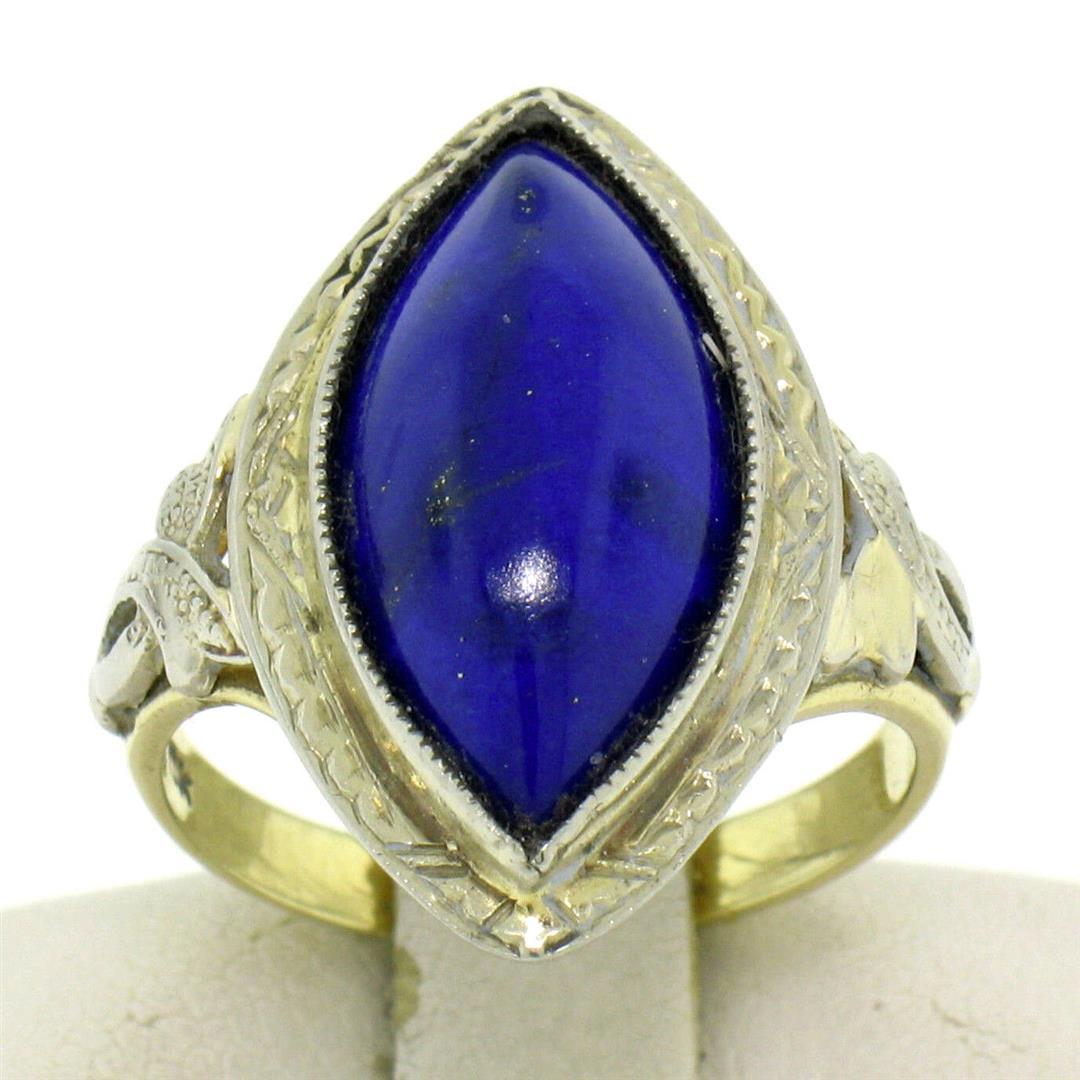 Antique Art Deco 10k White Yellow Gold Bezel Marquise Cabochon Lapis Lazuli Ring