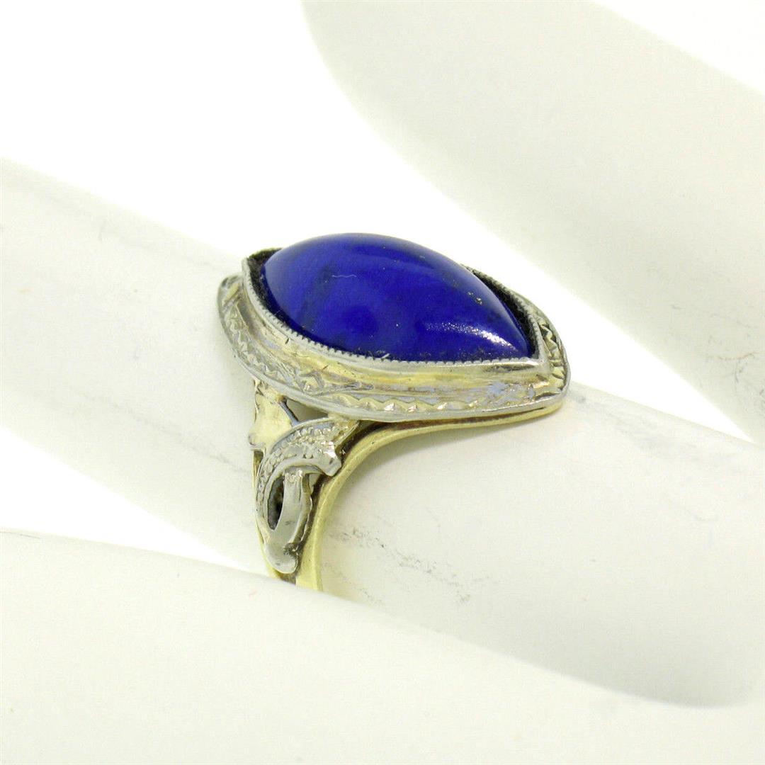 Antique Art Deco 10k White Yellow Gold Bezel Marquise Cabochon Lapis Lazuli Ring