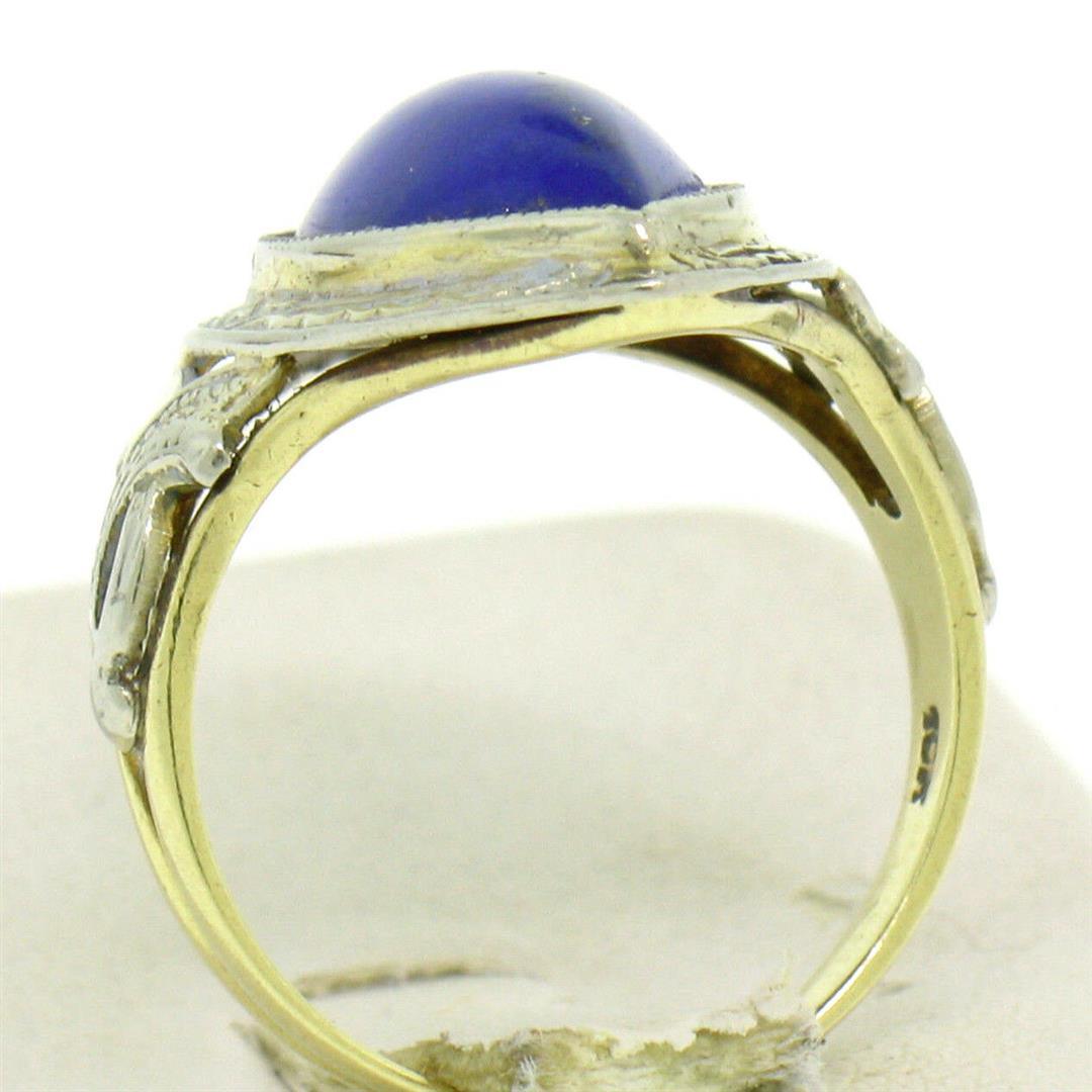 Antique Art Deco 10k White Yellow Gold Bezel Marquise Cabochon Lapis Lazuli Ring