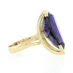 14k Yellow Gold Large Pear Cut Half Bezel Purple Stone Solitaire Cocktail Ring