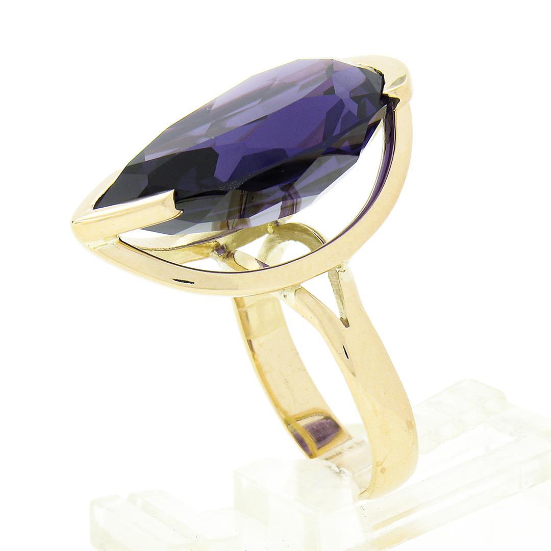 14k Yellow Gold Large Pear Cut Half Bezel Purple Stone Solitaire Cocktail Ring