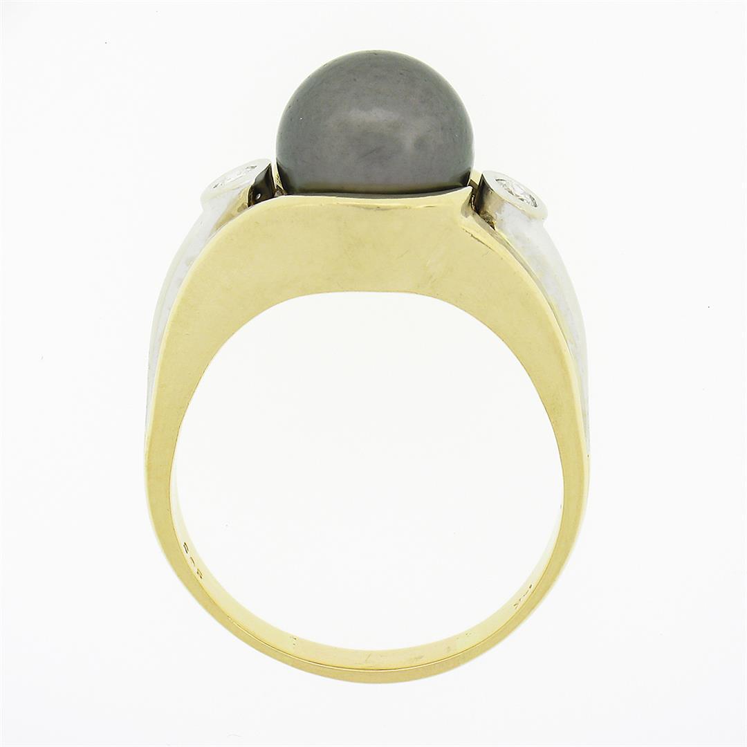 14K TT Gold 10.1mm Dark Gray Tahitian Pearl Solitaire Bezel Diamond 3 Stone Ring