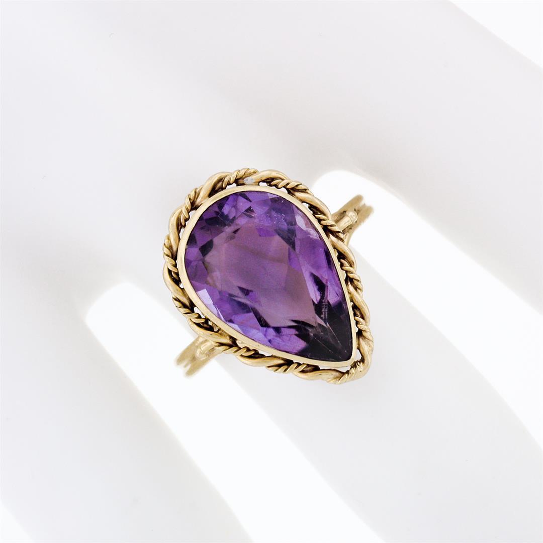 Handmade Vintage 14K Yellow Gold 5.50 ctw Pear Amethyst Ring w/ Twisted Wire Fra