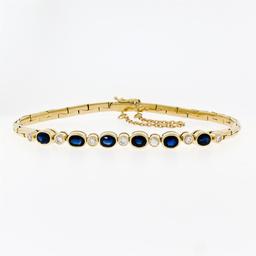 18K Yellow Gold 2.60 ctw Alternating Oval Sapphire Round Diamond Chain Bracelet