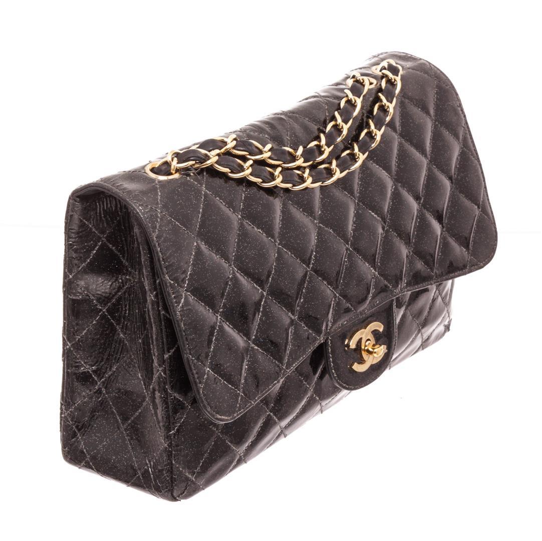 Chanel Black Glitter Patent Leather Jumbo Flap Shoulder Bag