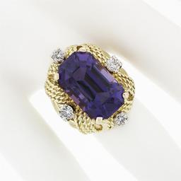 Large Vintage 18K Gold Amethyst & Diamond Twisted Wire Open Work Cocktail Ring