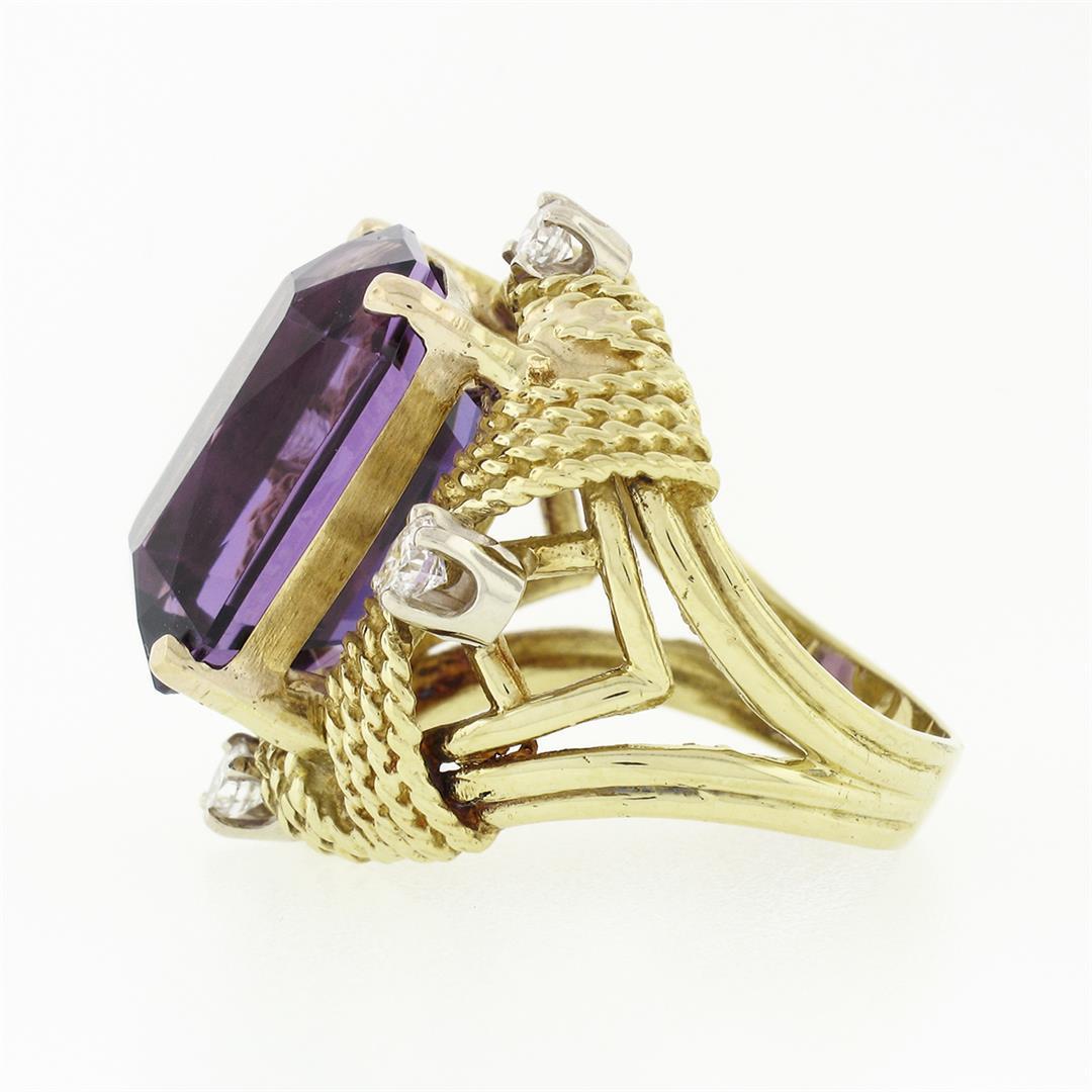 Large Vintage 18K Gold Amethyst & Diamond Twisted Wire Open Work Cocktail Ring