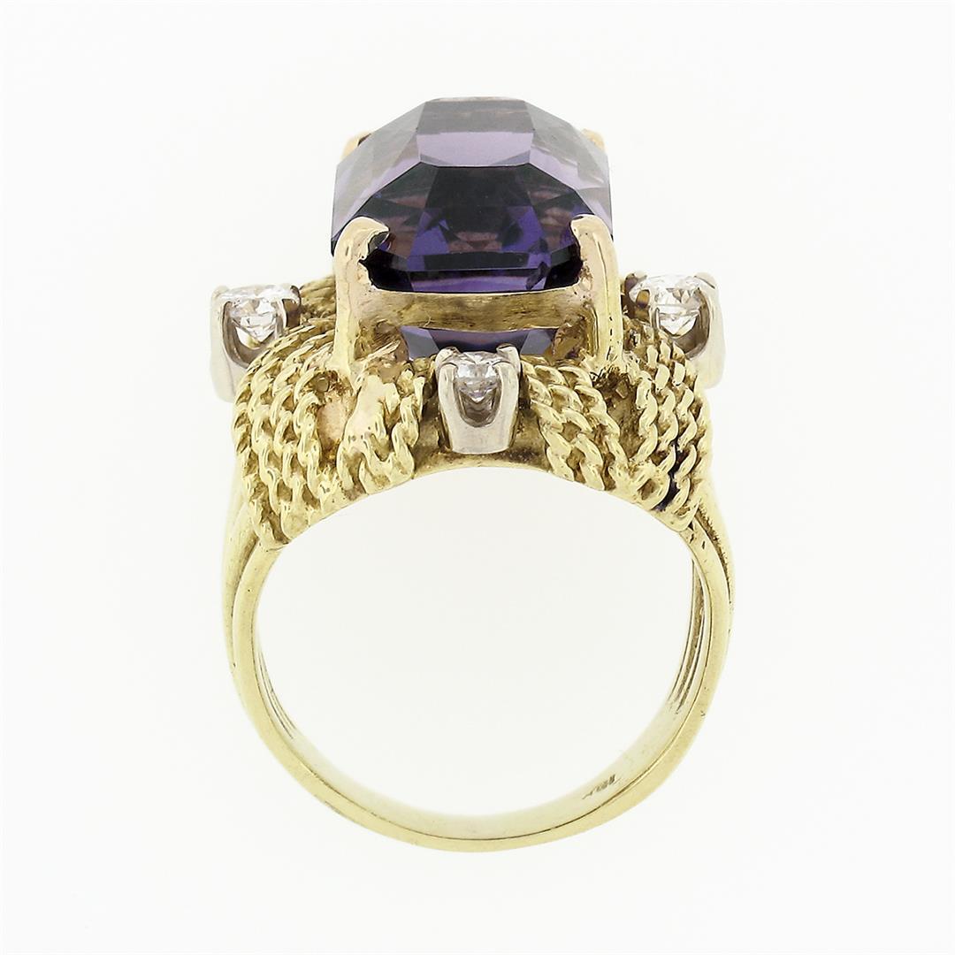 Large Vintage 18K Gold Amethyst & Diamond Twisted Wire Open Work Cocktail Ring