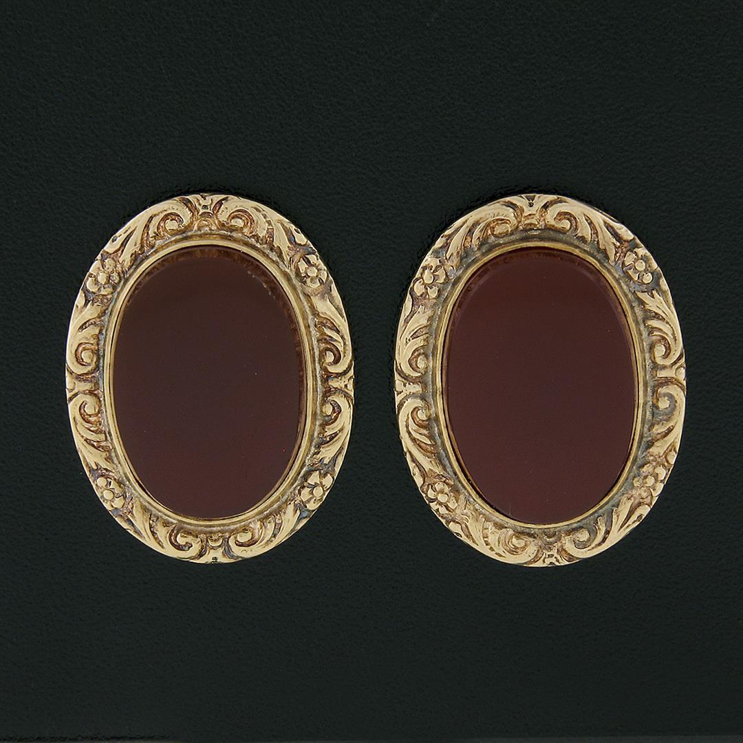 Antique 14K Yellow Gold Oval Bezel Carnelian Repousse Work Frame Button Earrings