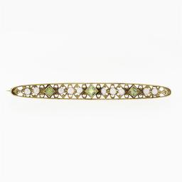 Antique Art Nouveau 14k Yellow Gold Peridot Seed Pearl Open Work Bar Pin Brooch