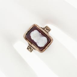 Antique 1878 Victorian 14k Rose Gold Carved Agate Hardstone Cameo Etched Ring