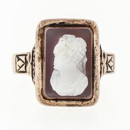 Antique 1878 Victorian 14k Rose Gold Carved Agate Hardstone Cameo Etched Ring