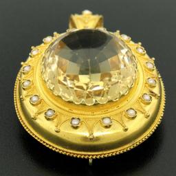 Antique Etruscan 14k Yellow Gold 49 ctw Natural Citrine & Pearl Brooch Pin Penda