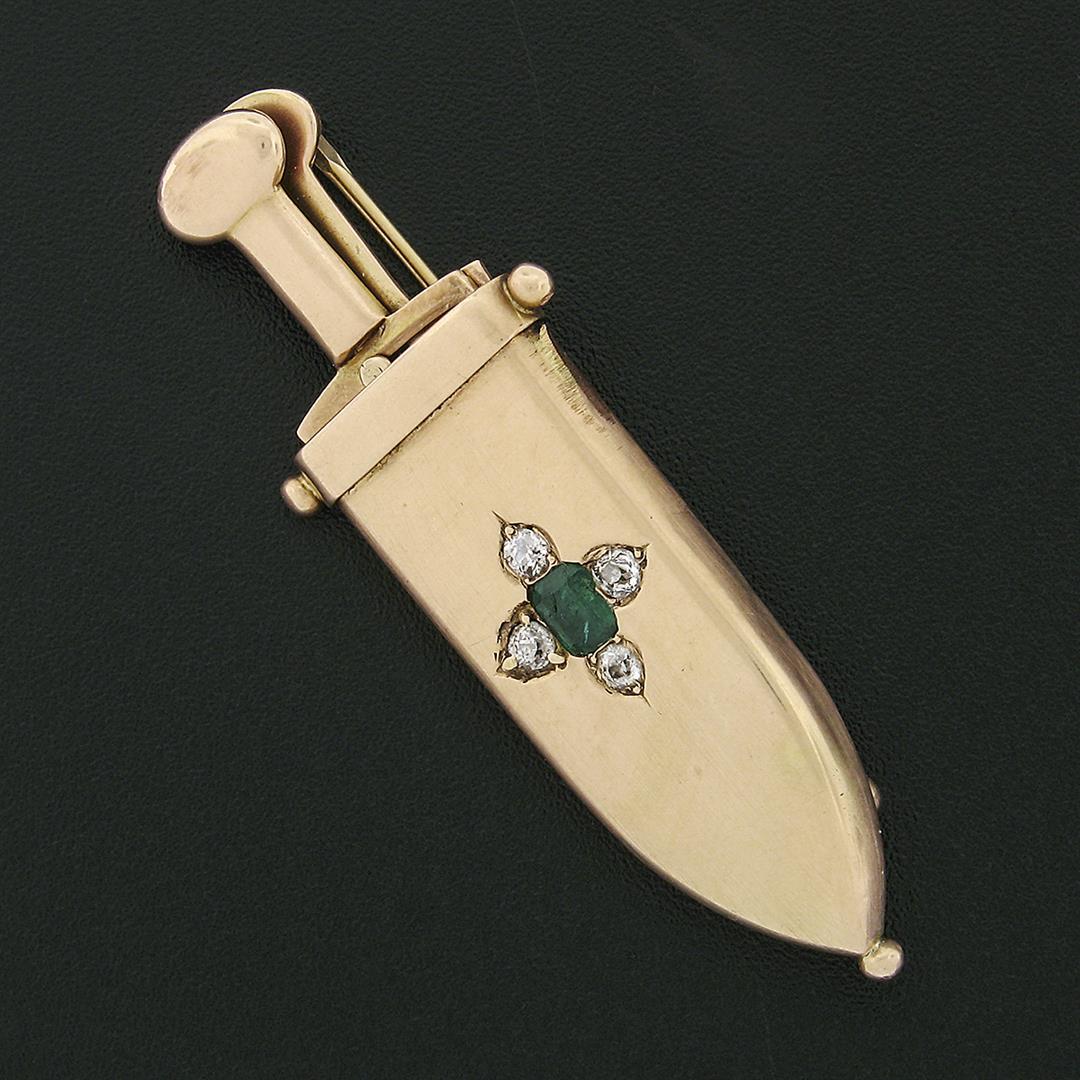 Early Victorian 14k Gold Emerald Mine Diamond Sword Cigar Cutter Brooch Pin