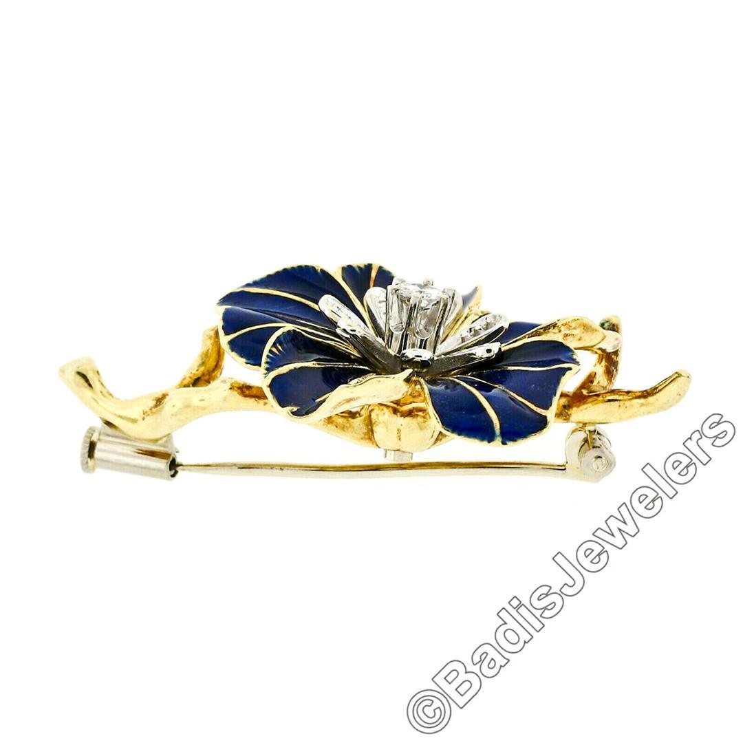 Vintage Italian 18k Gold Round Diamond Dark Blue Enamel Flower Branch Brooch Pin