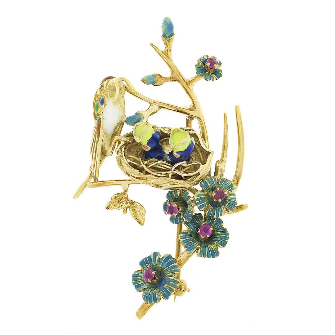 Vintage 18k Gold Ruby Enamel Flower Mother Bird Feeding Babies on Branch Brooch