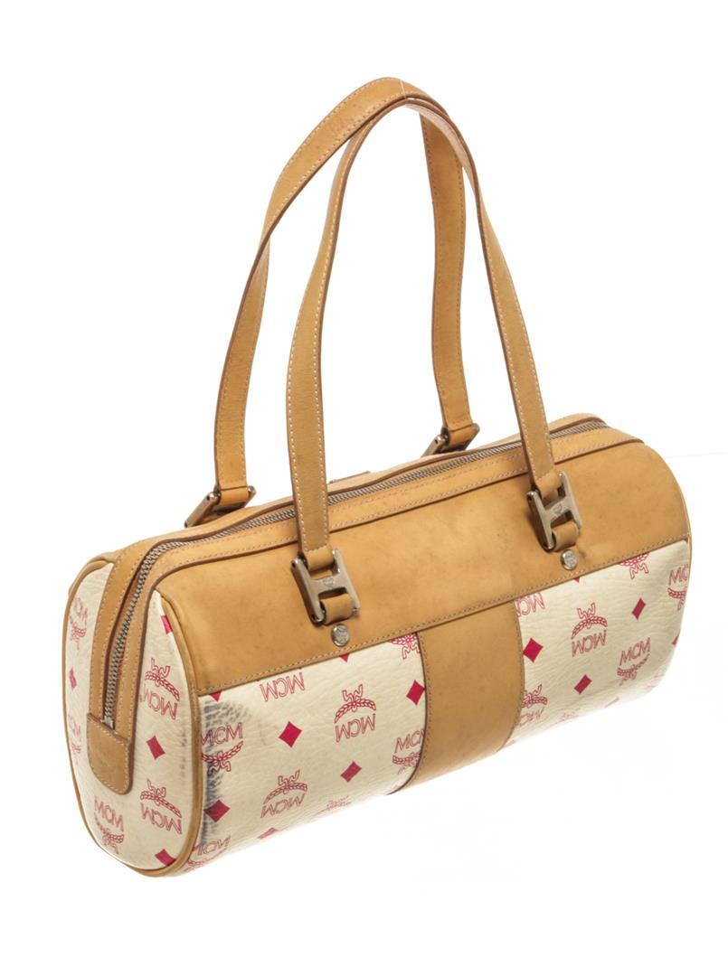 MCM Duffle Mini In White/Tan Coated Canvas Shoulder Bag