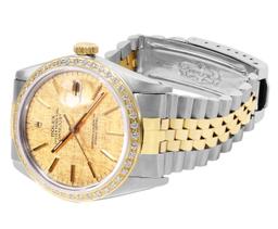 Rolex Mens 2 Tone Champagne Linen Dial Diamond Bezel Datejust Wristwatch