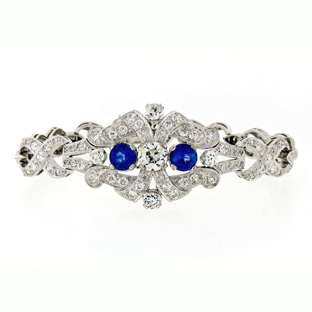 Antique Art Deco Platinum GIA Round Diamond Sapphire Infinity Leaf Link Bracelet