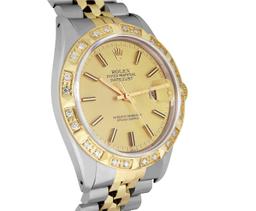 Rolex Mens 2 Tone Champagne Index Pyramid Diamond Bezel Datejust Wristwatch With