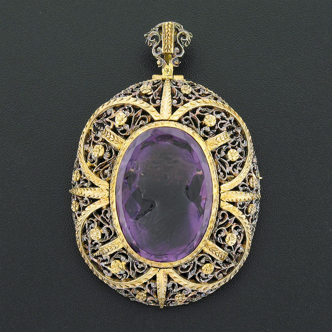 Antique Giovanni Apa 14K Gold Hand Carved Amethyst Cameo DETAILED Brooch Pendant