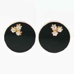 Large Vintage 14k Yellow Gold Bezel Black Onyx & 0.60 ctw Diamond Button Earring