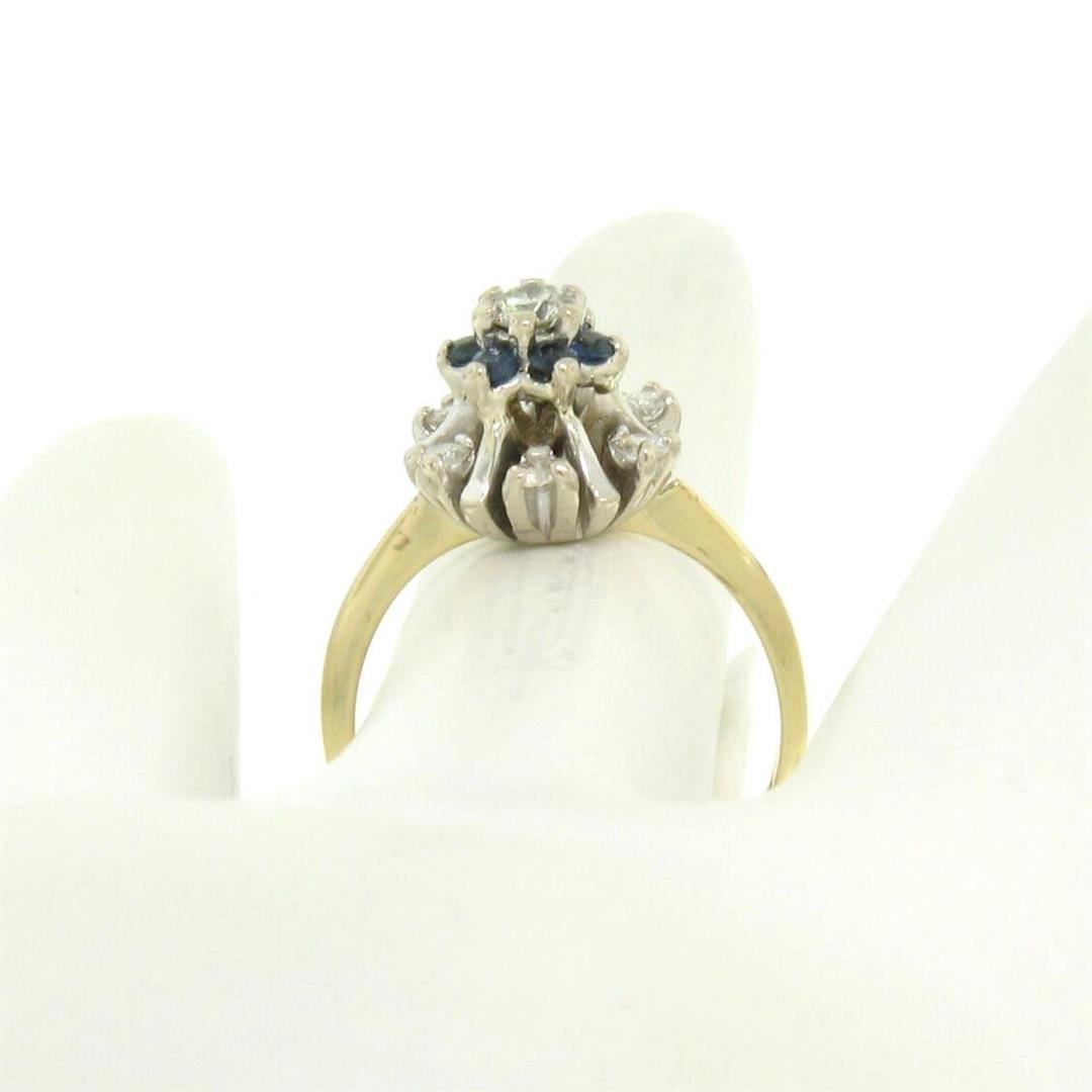 14k Yellow & White Gold 0.65 ctw Diamond Sapphire 3 Tiered Starburst Cluster Rin