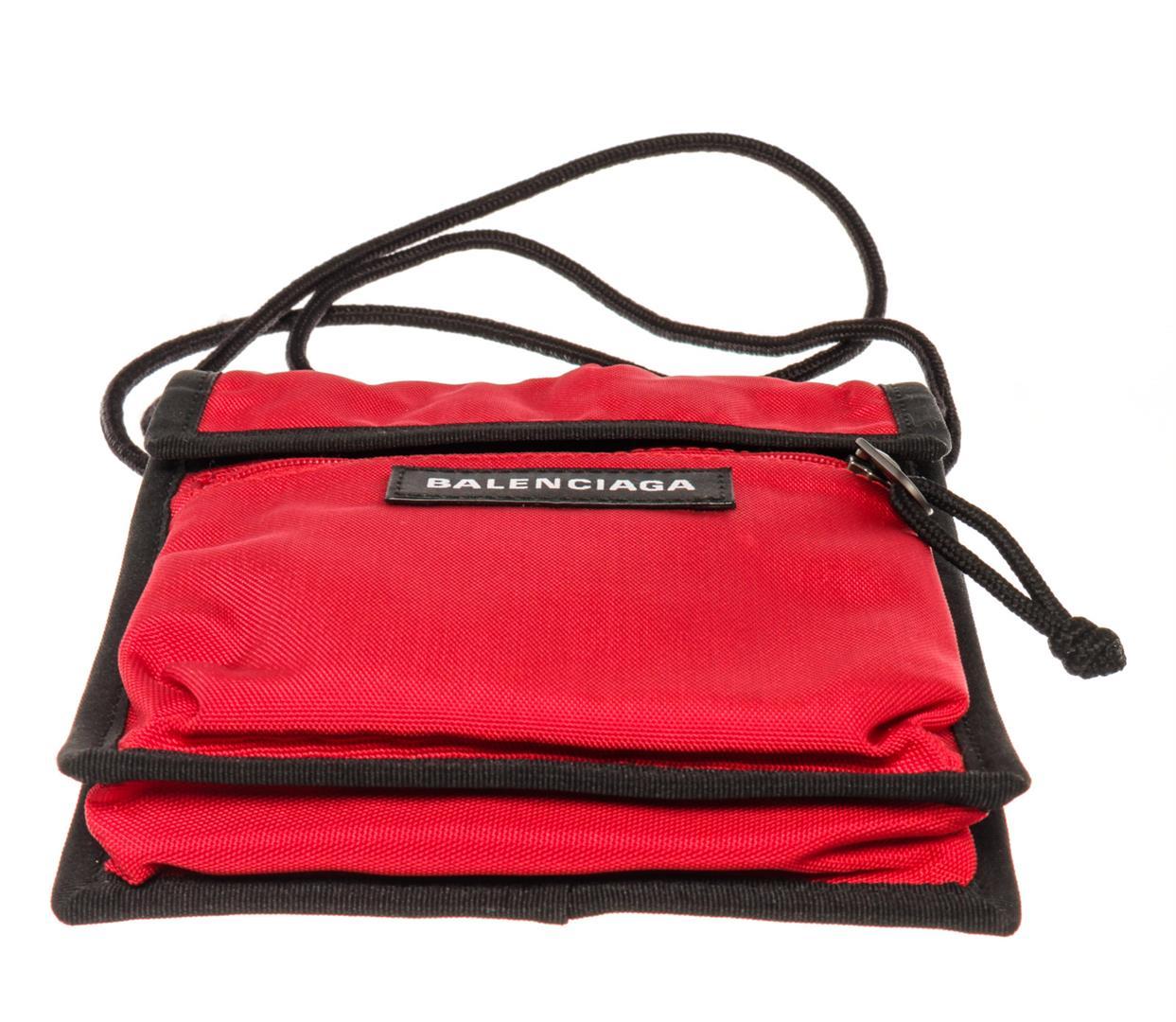 Balenciaga Red Black Canvas Explorer Small Pouch with Strap