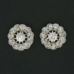 Antique Victorian 14k TT Gold 0.55 ctw Old Diamond Flower Cluster Stud Earrings