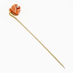 Antique Victorian 10k Yellow Gold Carved Coral Rose & European Diamond Stick Pin