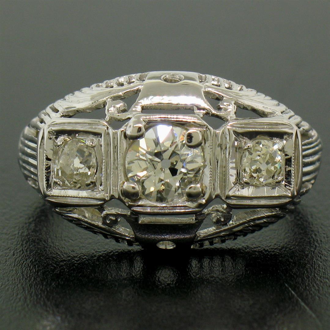 Antique Art Deco 18k White Gold Filigree 0.72 ctw 3 Old European Cut Diamond Rin