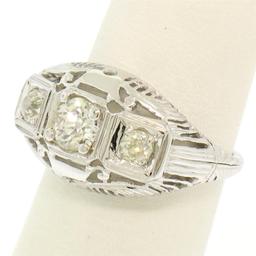 Antique Art Deco 18k White Gold Filigree 0.72 ctw 3 Old European Cut Diamond Rin