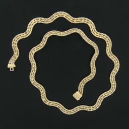 Italian 14k Gold 17.5" Wavy 3 Row Popcorn Link Necklace W/ Safety Clasp Latch