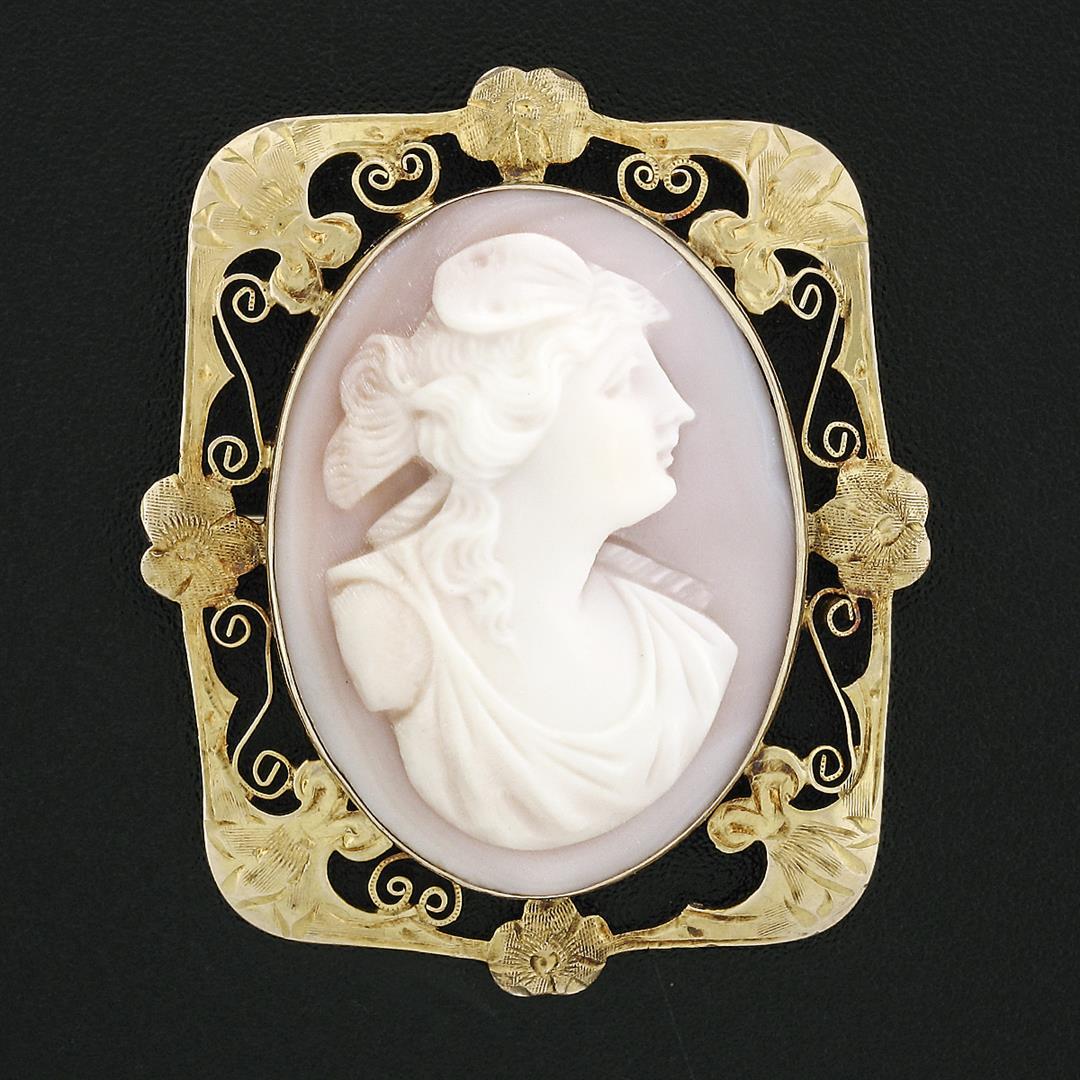 Antique Victorian 10k Gold Carved Pink Shell Cameo Brooch Pendant w/ Open Frame