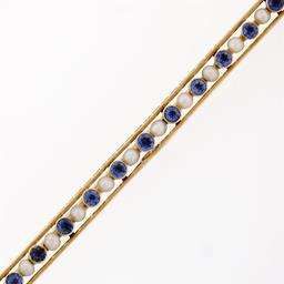 Antique Krementz 14k Gold 1.30 ctw Old Sapphire Natural Pearl Long Bar Pin Brooc