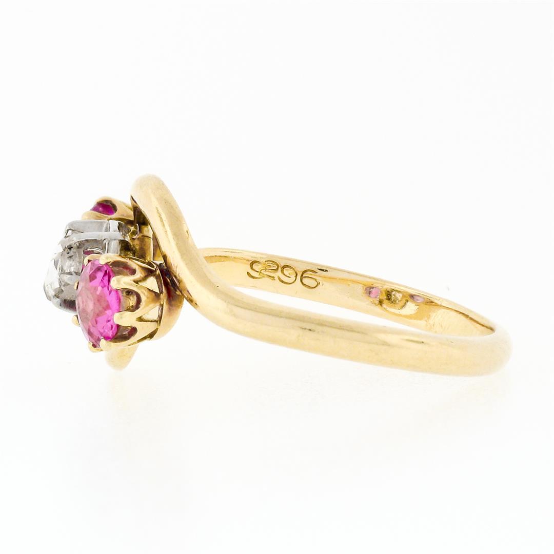 Antique Victorian 18K Gold 1.18 ctw Diamond & European Pink Sapphire 3 Stone Rin