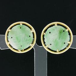 Vintage 14K Gold Carved Jade Large Round Multi Prong Set Button Clip On Earrings