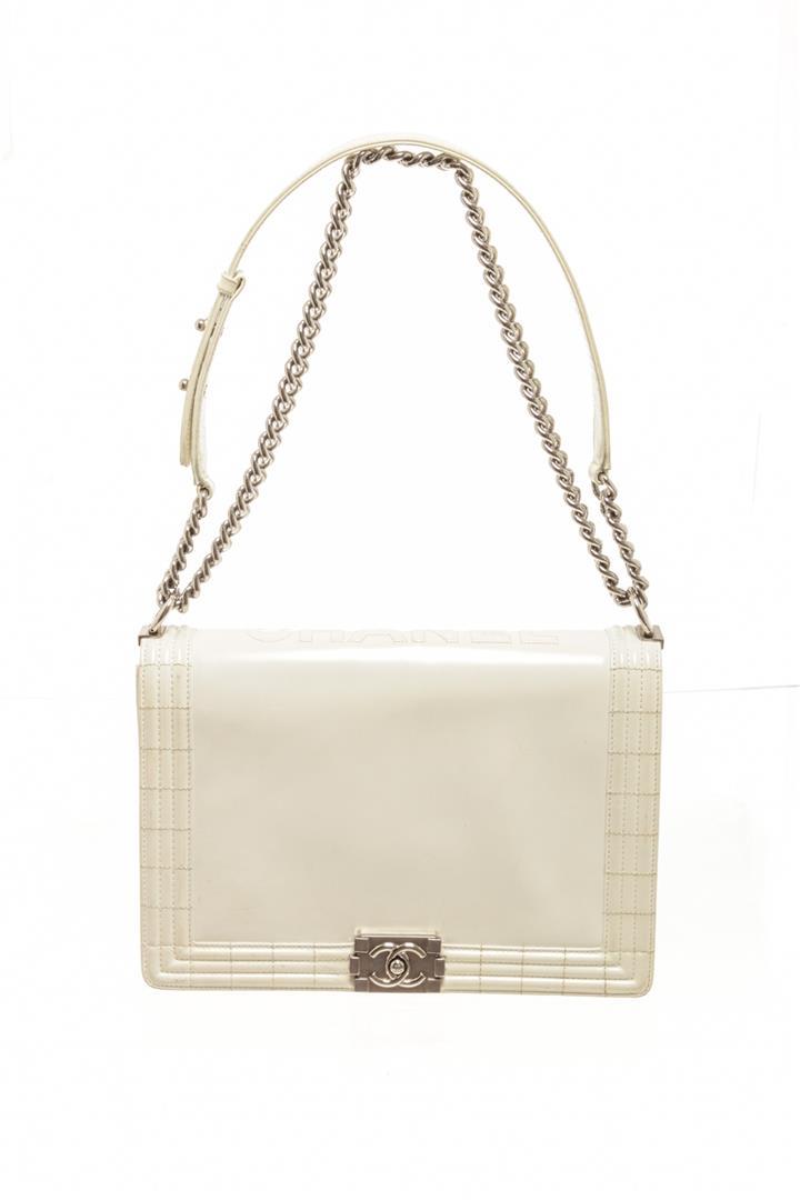 Chanel White Patent Leather Large Boy Shoulder Bag