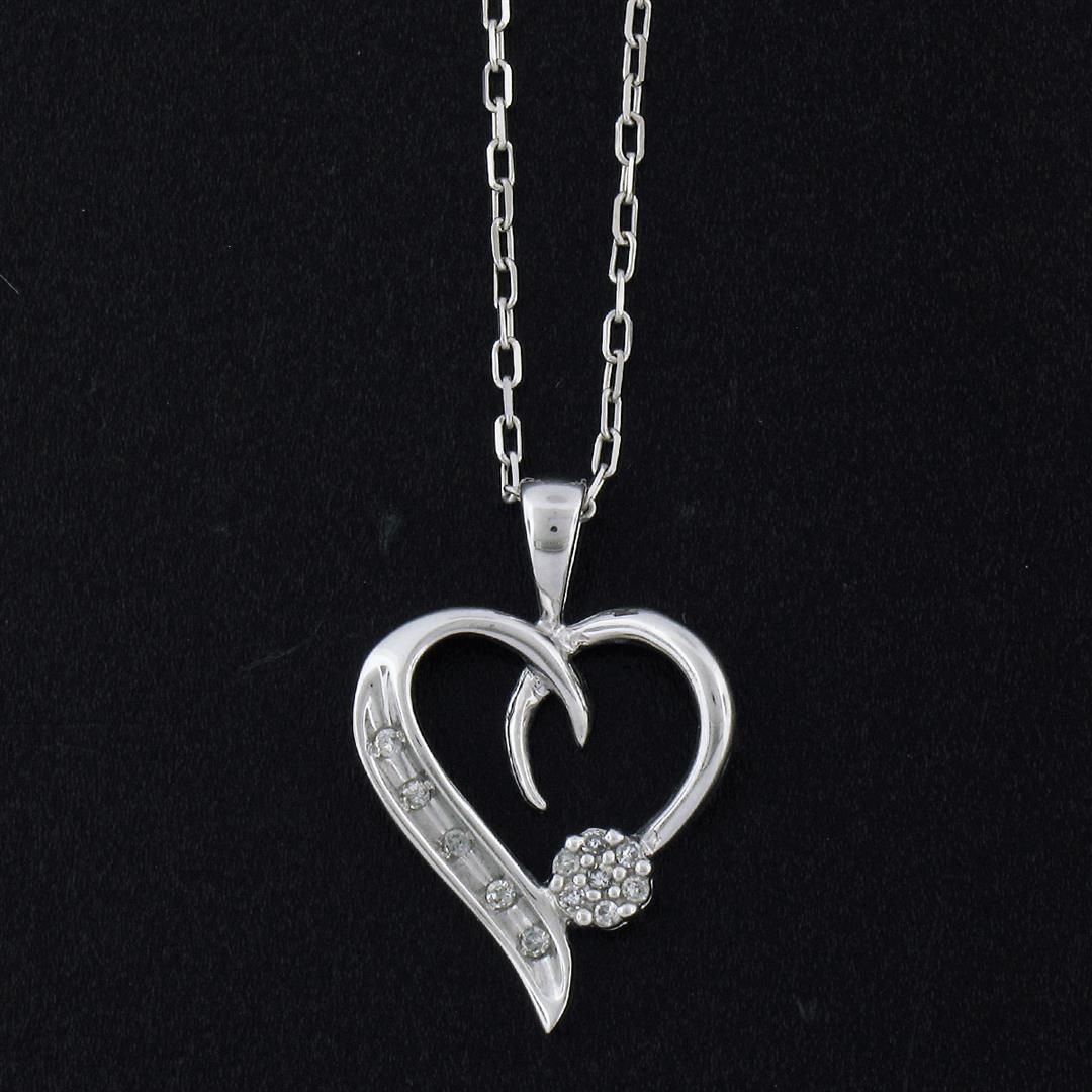 10k White Gold Pave Set Single Cut Diamond Open Heart Flower Cluster Pendant Nec