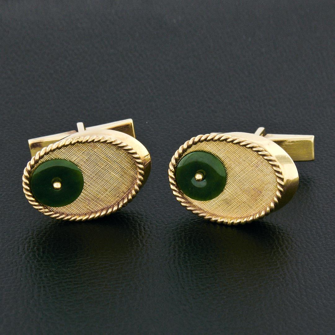 Vintage Men's 14K Yellow Gold Jade Disc Oval Florentine Twisted Wire Cufflinks