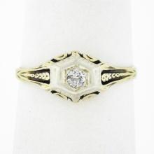 Antique Art Deco 14k TT Gold .14 ctw European Diamond Solitaire Open Engraved Ri