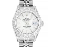 Rolex Ladies Quickset Stainless Steel Silver Index 18K White Gold Diamond Bezel