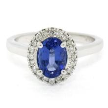 Petite 14k White Gold 1.58 ctw Violet Blue Oval Tanzanite Round Diamond Halo Rin