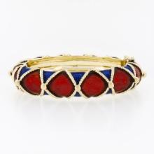 Large Heavy Vintage 14K Gold Blue Red Enamel Twisted Wire Hinged Bangle Bracelet