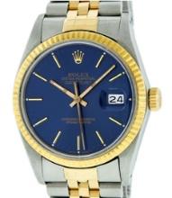 Rolex Mens 2T Yellow Gold And Steel Blue Index Fluted Bezel Datejust Wristwatch