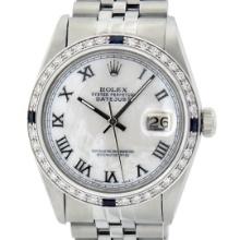 Rolex Mens Stainless Steel White Roman 36MM Diamond And Sapphire Datejust Wristw